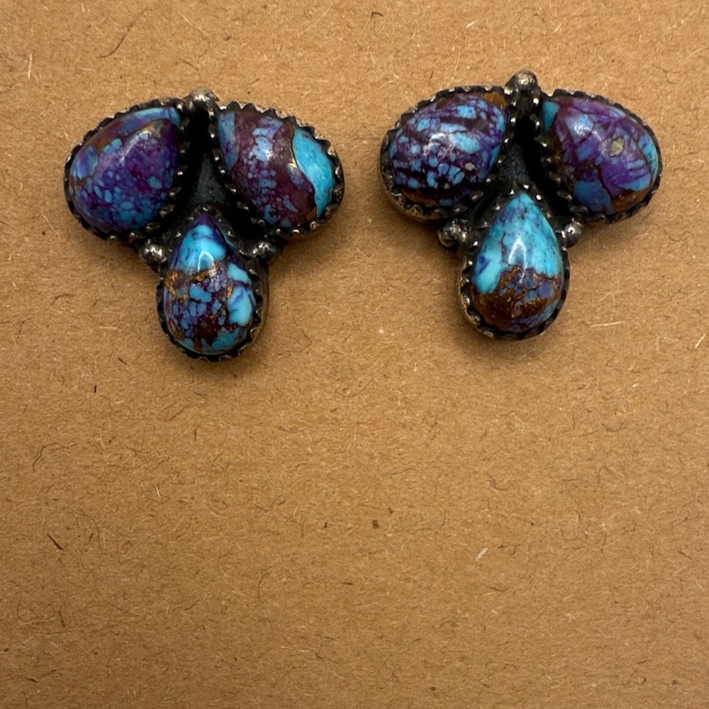 New 925 Sterling Silver Purple and Blue Mojave Turquoise Post 3 Stone Earrings